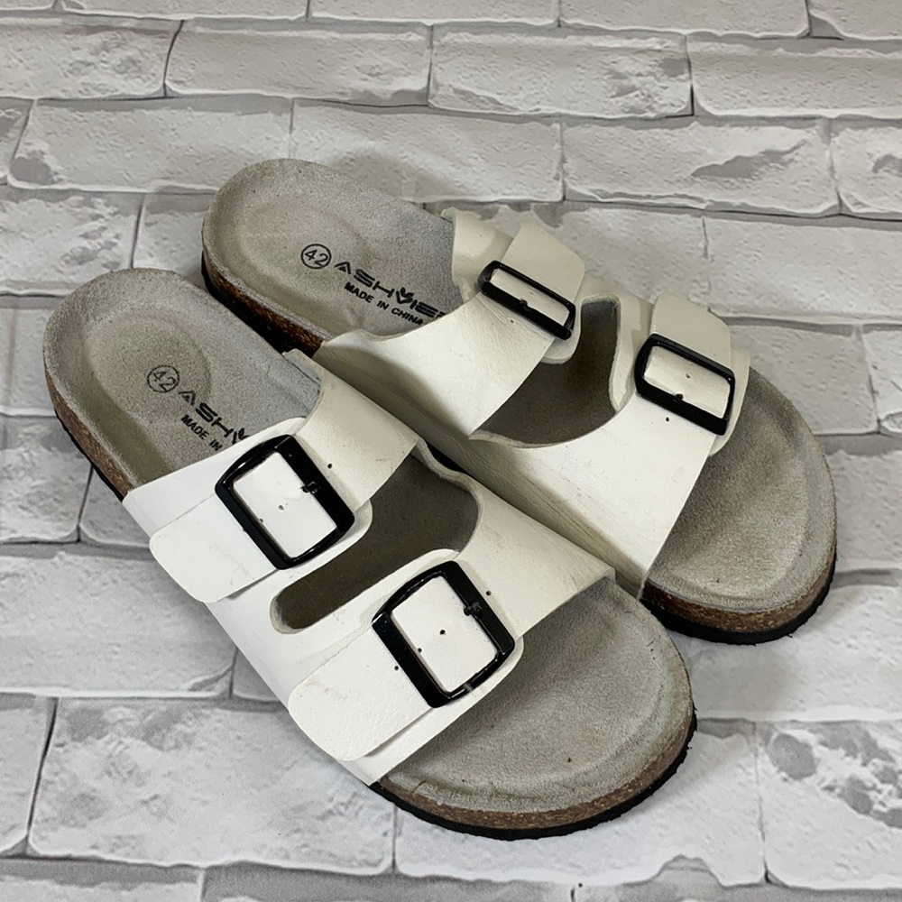 Shviee Slip on cork sandals Double strap buckle White Size 42 Euro
